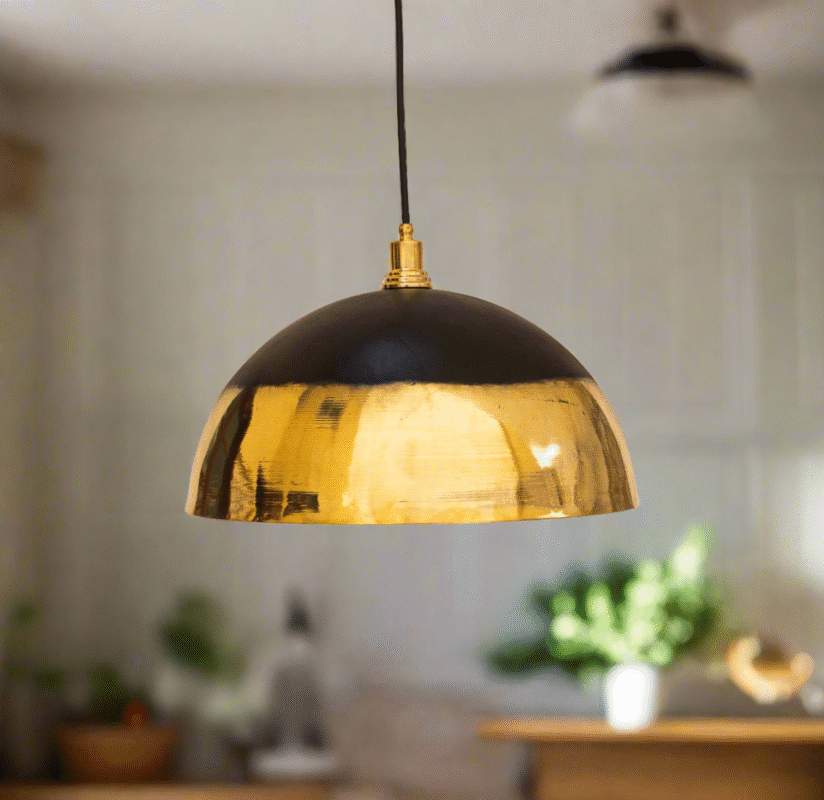 Brass and Black Pendant Light Fixture - Vintage Dome Island Kitchen Lighting