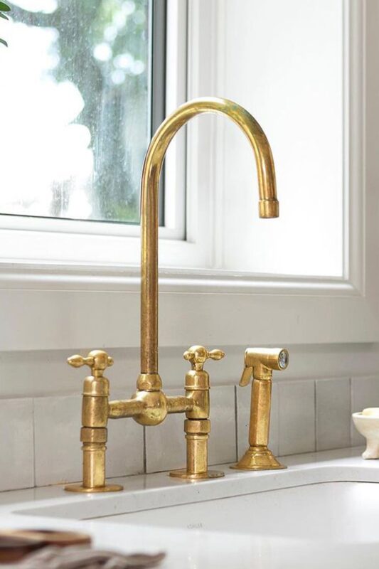 Unlacquered Brass Kitchen Bridge Faucet With Sprayer And Lever Handles