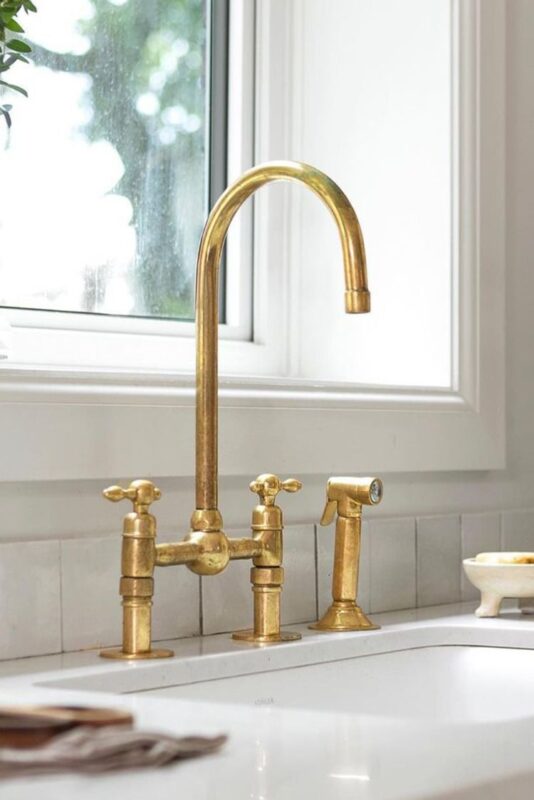 Unlacquered Brass Kitchen Bridge Faucet With Sprayer And Lever Handles