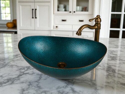 Oxidized Copper Drop-In Bathroom Sink – Blue Patina Hand-Hammered Vessel Sink – Oval Rustic Copper Basin, Farmhouse Vanity Bowl,Custom Sizes