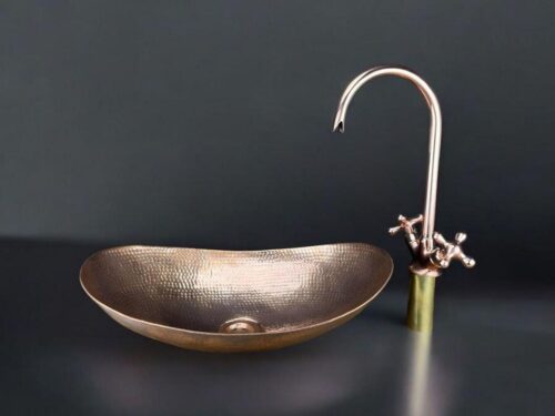 Hand-Hammered Copper Oval Vessel Sink – Unlacquered Bathroom Basin with Natural Patina – Farmhouse Rustic Copper Sink & Matching Faucet Set
