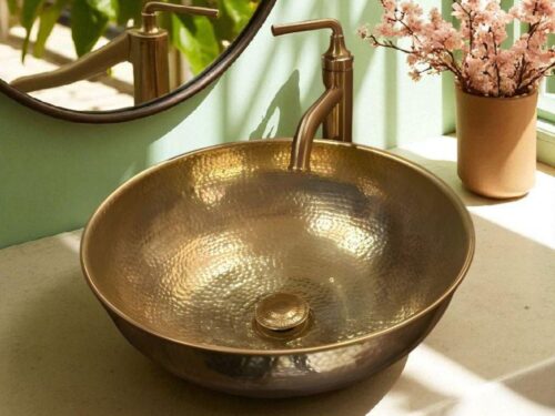 Custom 16 Gauge Brushed Brass Bathroom Sink – Round Vessel Basin – Handmade Countertop Vanity Bowl – Brass Wash Basin