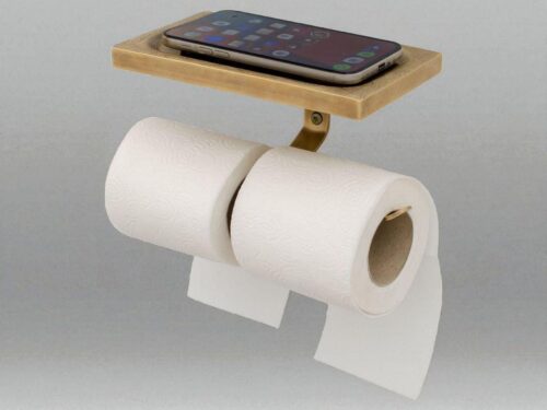 Handcrafted Solid Brass Toilet Paper Holder with Shelf – Vintage Wall Mount Roll Holder for Bathroom & Powder Room Décor,VintageCopperDecor