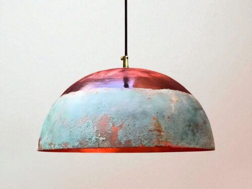 Green Patina Copper Pendant Light – Rustic Farmhouse Dome Ceiling Fixture – Handmade Oxidized Lamp for Kitchen Island & Dining Room