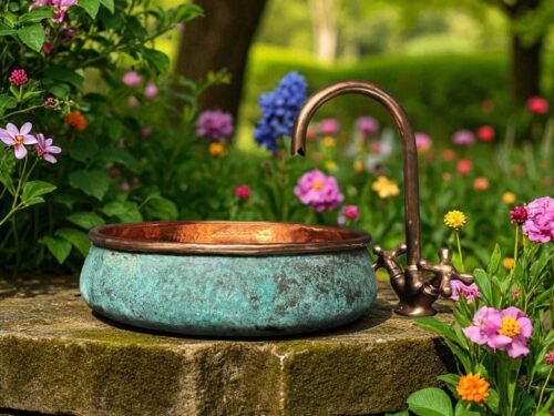 Oxidized Copper Bathroom Sink | Green Patina Copper Vessel Sink | Rustic Farmhouse Washbasin | Handmade Vintage Bathroom Decor