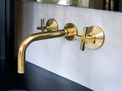 Unlacquered Brass Wall Mounted Bathroom Vessel Sink Faucet by VintageCopperDecor