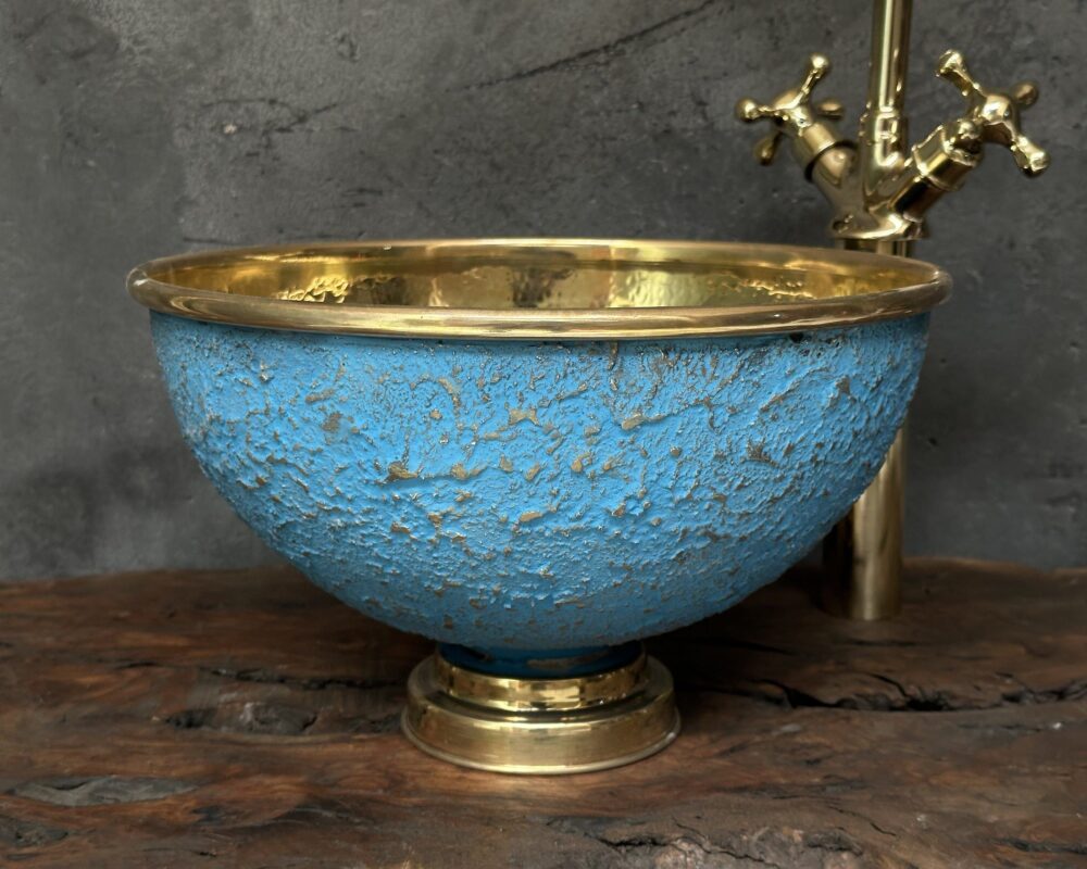 Blue and Barss Bathroom Sink with Brass Faucet , Blue Vessel Sink bathroom