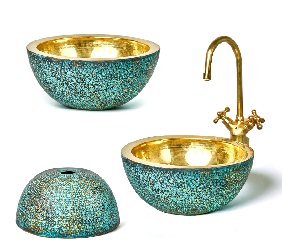 Brass Vessel Sink For Bathroom, Blue Patina Brass Sink
