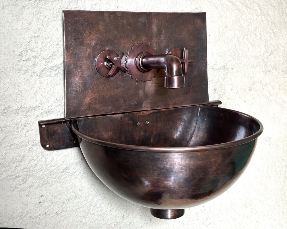 Copper Wall Mounted Bathroom Sink , Hammered Copper Hung Basin with Mixer Faucet