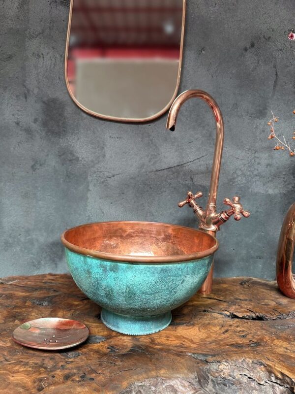 Engraved Oxidized Copper Bathroom Sink With Copper Faucet , Green Patina Vessel Sink Bathroom - Etsy UK
