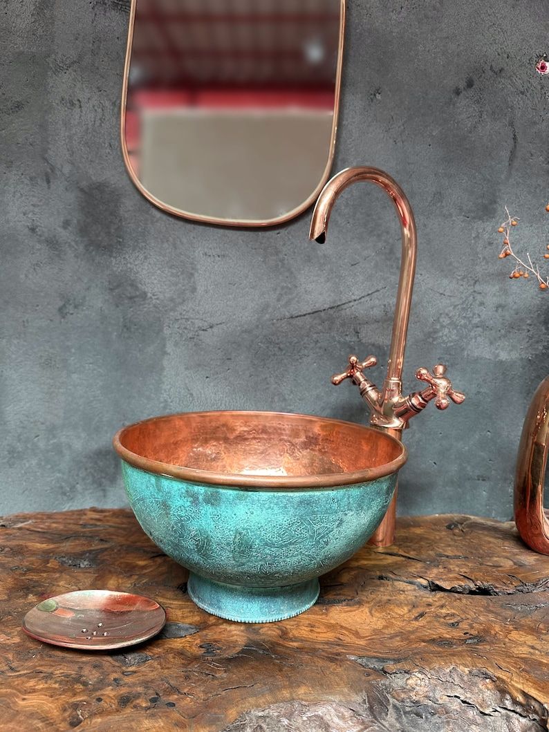 Engraved Oxidized Copper Bathroom Sink With Copper Faucet , Green Patina Vessel Sink Bathroom - Etsy UK
