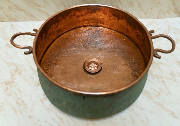Functional Elegance: Green Patina Copper Bucket Vessel Bathroom Sink with Handles