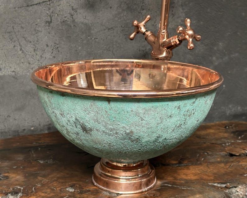 Green Patina Copper Sink Bathroom, Handmade Round Basin Vanity Sink - Etsy UK