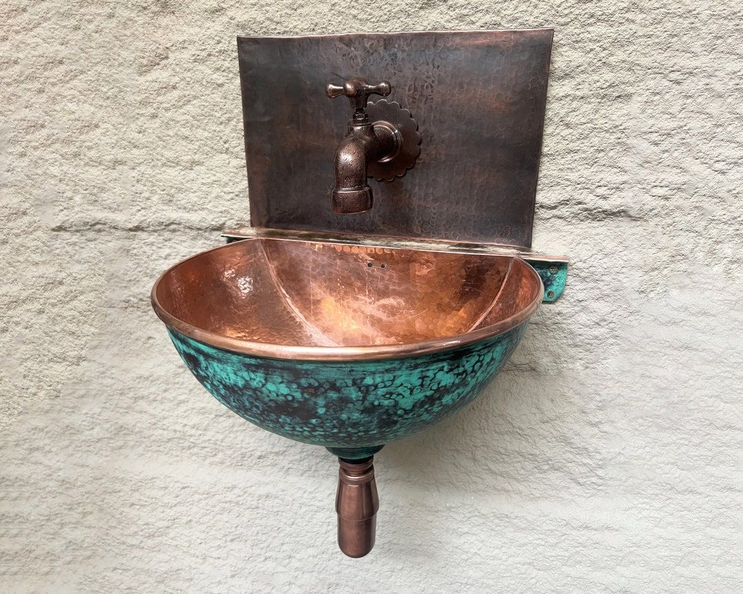 Green Patina Copper Wall Mounted Bathroom Sink , Aged Copper Hung Basin With Faucet - Etsy Canada