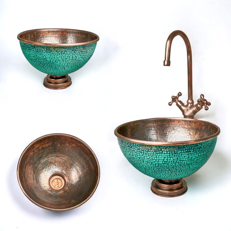 Handcrafted Hammered Copper Sink Vessel, Green Patina Round Countertop Basin