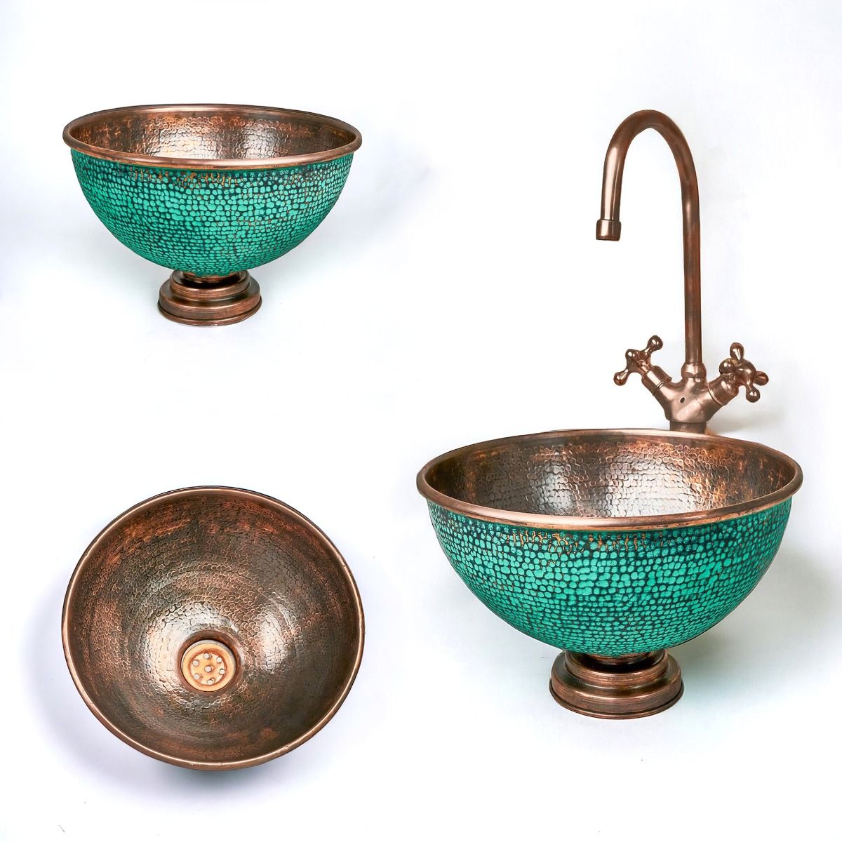 Handcrafted Hammered Copper Sink Vessel, Green Patina Round Countertop Basin