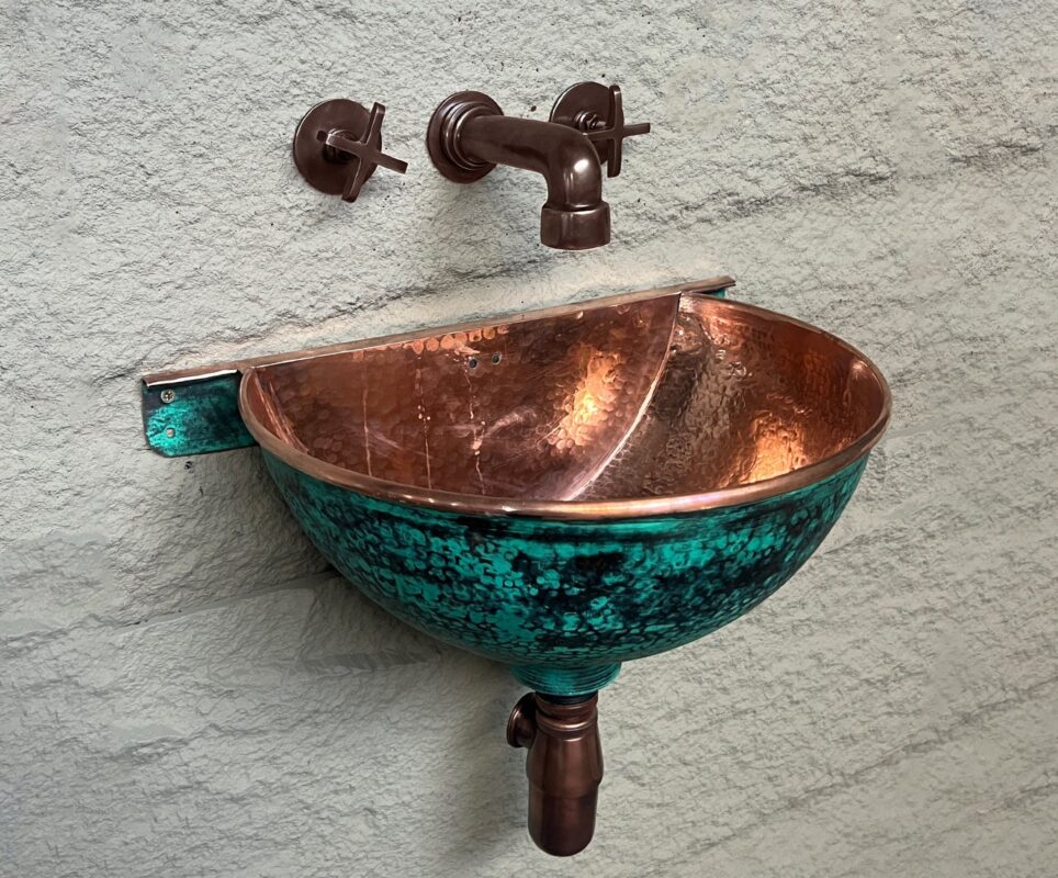 Oxidized Copper Wall Mounted Bathroom Sink , Green Patina Copper Hung Basin with Faucet