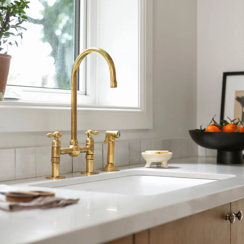Premium Natural Unlacquered Brass Bridge Kitchen Faucet | Patina Faucet