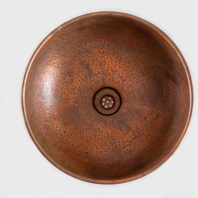Round Aged Copper Vessel Sink Bathroom