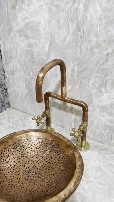 Round Copper drop-in bathroom sink , Handcrafted engraved copper sink