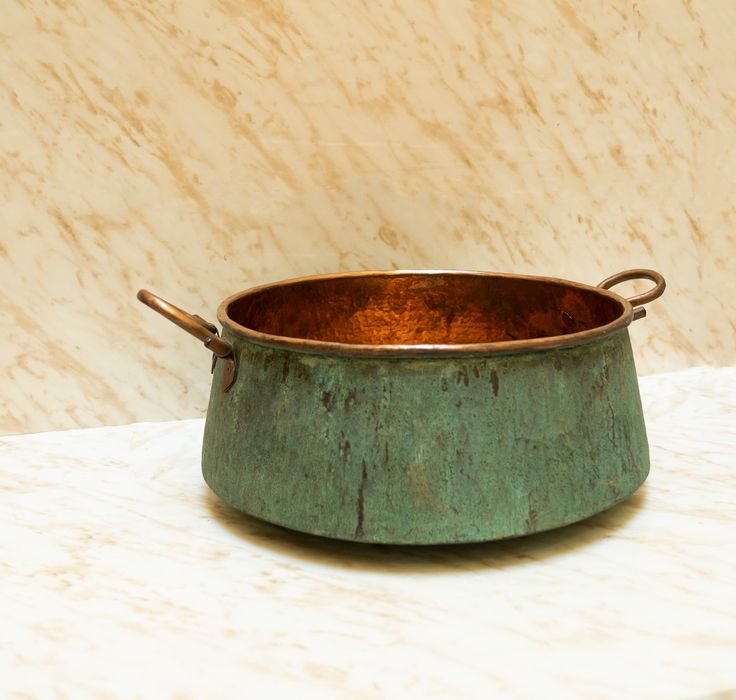 Rustic Retreat: Green Patina Copper Bucket Vessel Bathroom Sink with Handles