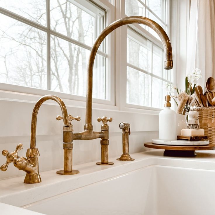 Timeless Elegance: Natural Unlacquered Brass Kitchen Bridge Faucet