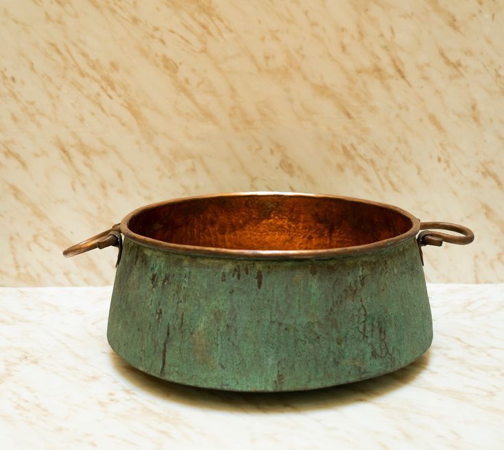 Timeless Rusticity: Green Patina Copper Bucket Vessel Bathroom Sink with Handles