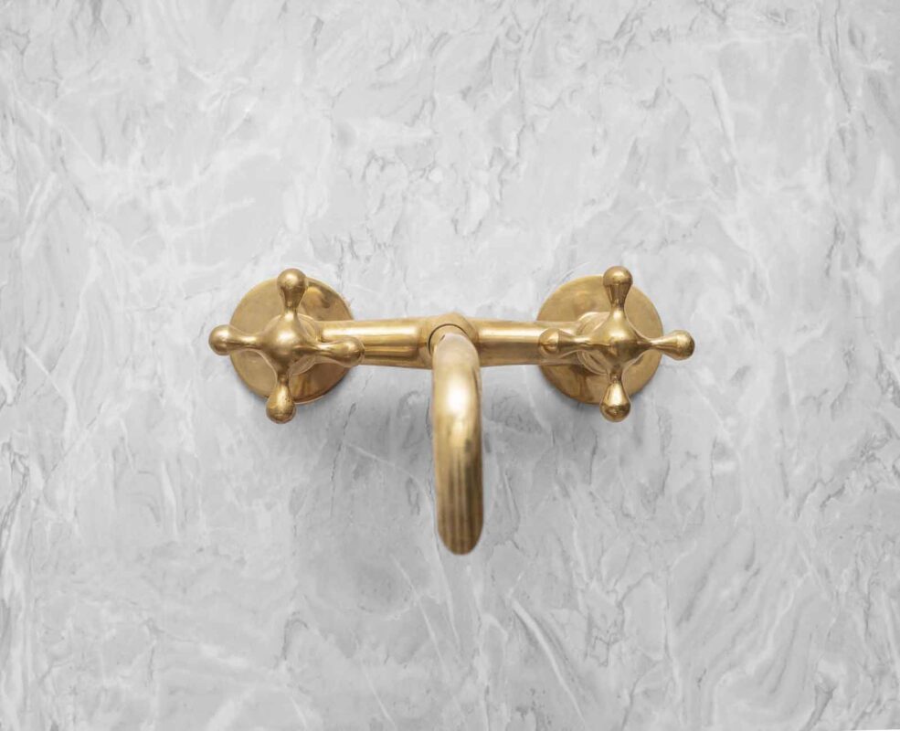 Unlacquered Brass Bathroom Faucet - Wall Mounted Faucet - 10 inches / Flat Cross