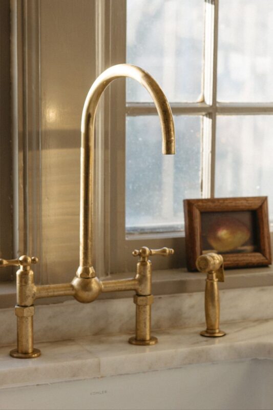 Unlacquered Brass Kitchen Bridge Faucet With Sprayer And Lever Handles