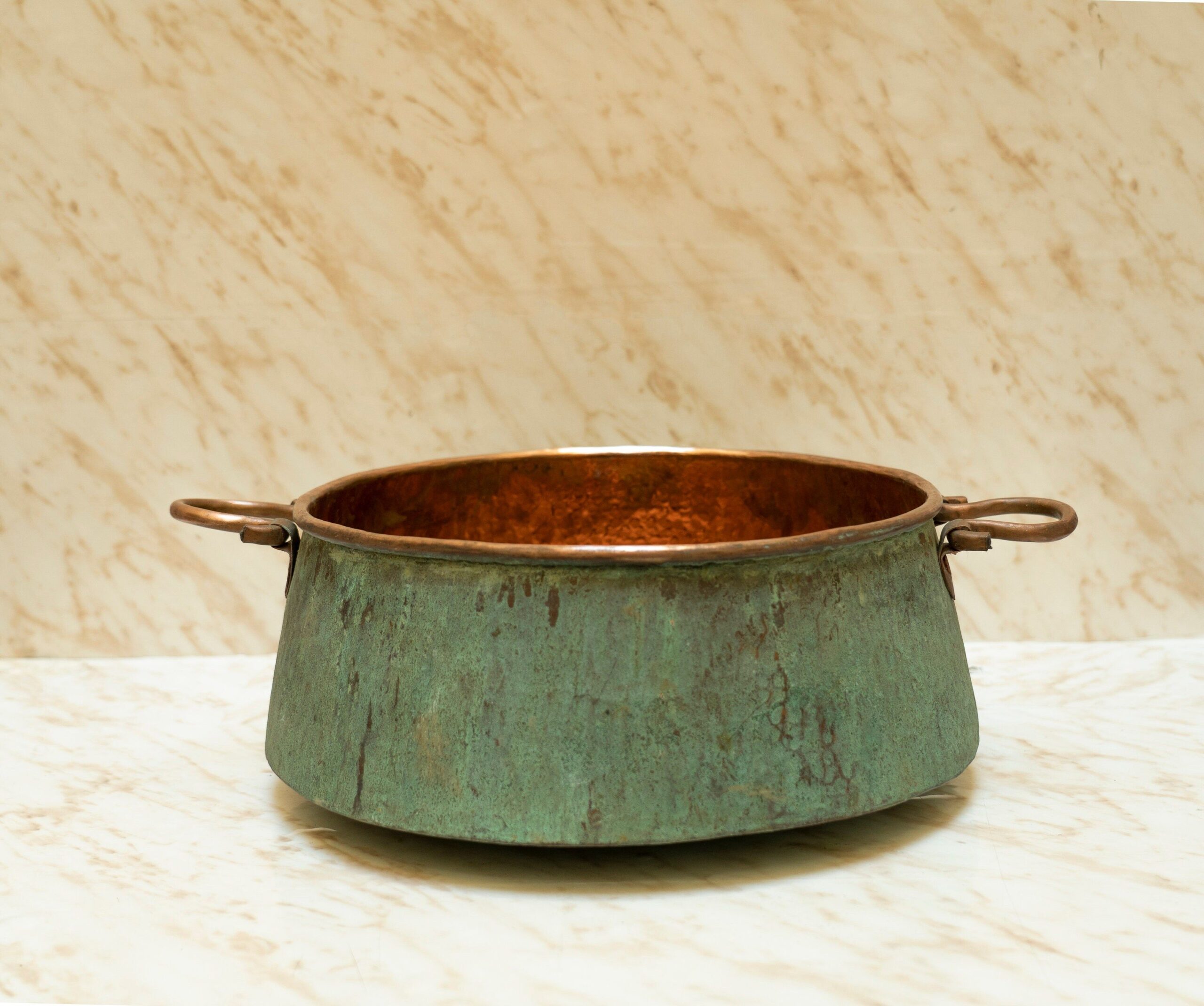 Vintage Charm: Green Patina Copper Bucket Vessel Bathroom Sink with Handles