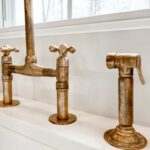 Vintage Charm: Natural Unlacquered Brass Kitchen Bridge Faucet with 8” Spread Straight Legs