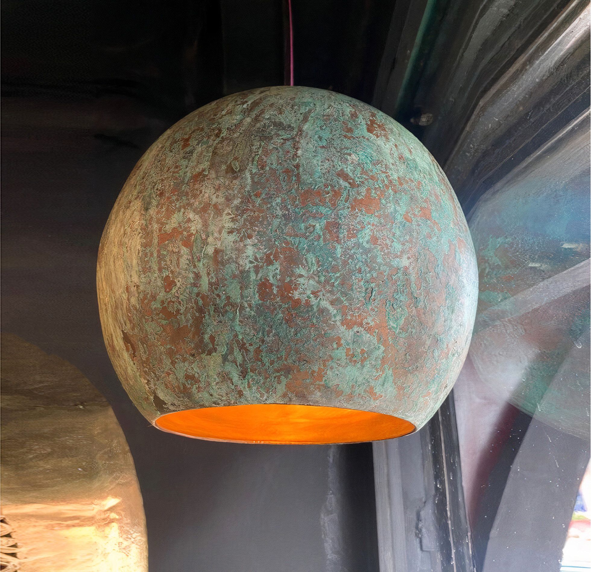 Vintage Elegance: Copper Patina Pendant Light for Your Kitchen Island