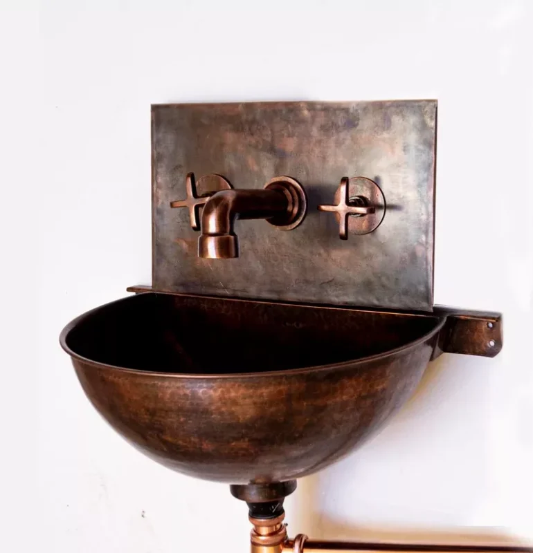 Wall Mounted Copper Bathroom Sink With Mixer Faucet , Rustic Wall Mount Sink