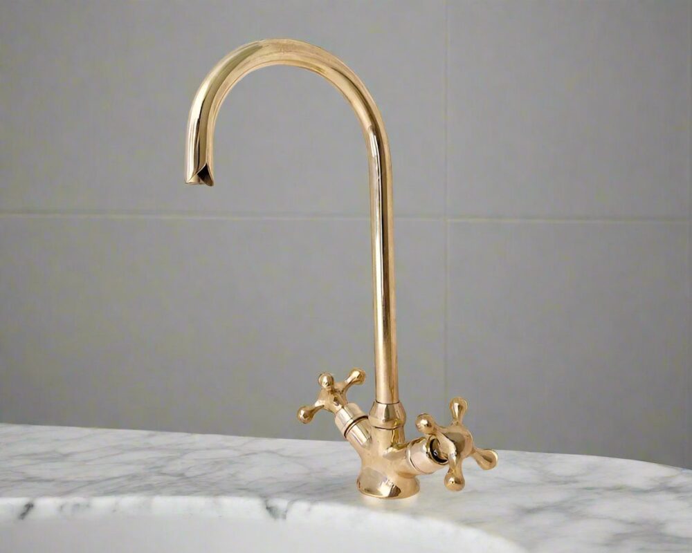 solid brass faucet, unlacquered brass faucet, goose neck kitchen brass faucet with cross handles