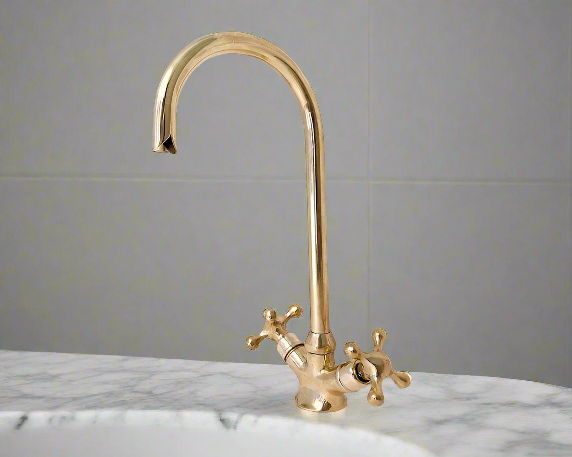 solid brass faucet, unlacquered brass faucet, goose neck kitchen brass faucet with cross handles