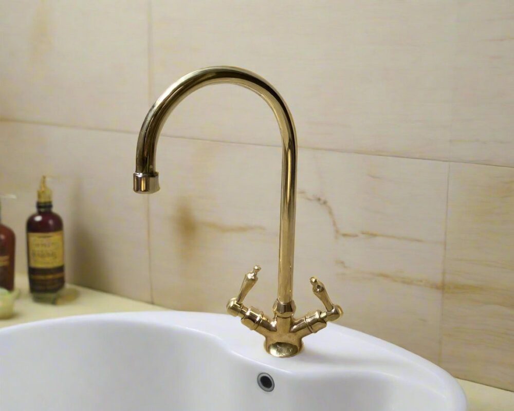 unlacquered brass faucet, goose neck kitchen brass faucet with double lever handle