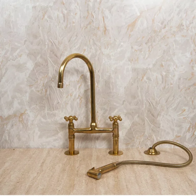 Unlacquered Brass Bridge Faucet with Sprayer