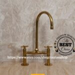 Antique Brass Bridge Kitchen Faucet with Side Sprayer, 8 Inch Bridge Faucet for Kitchen Sinks