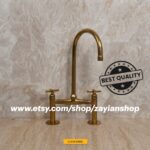 Antique Brass Bridge Kitchen Faucet with Side Sprayer, 8 Inch Bridge Faucet for Kitchen Sinks