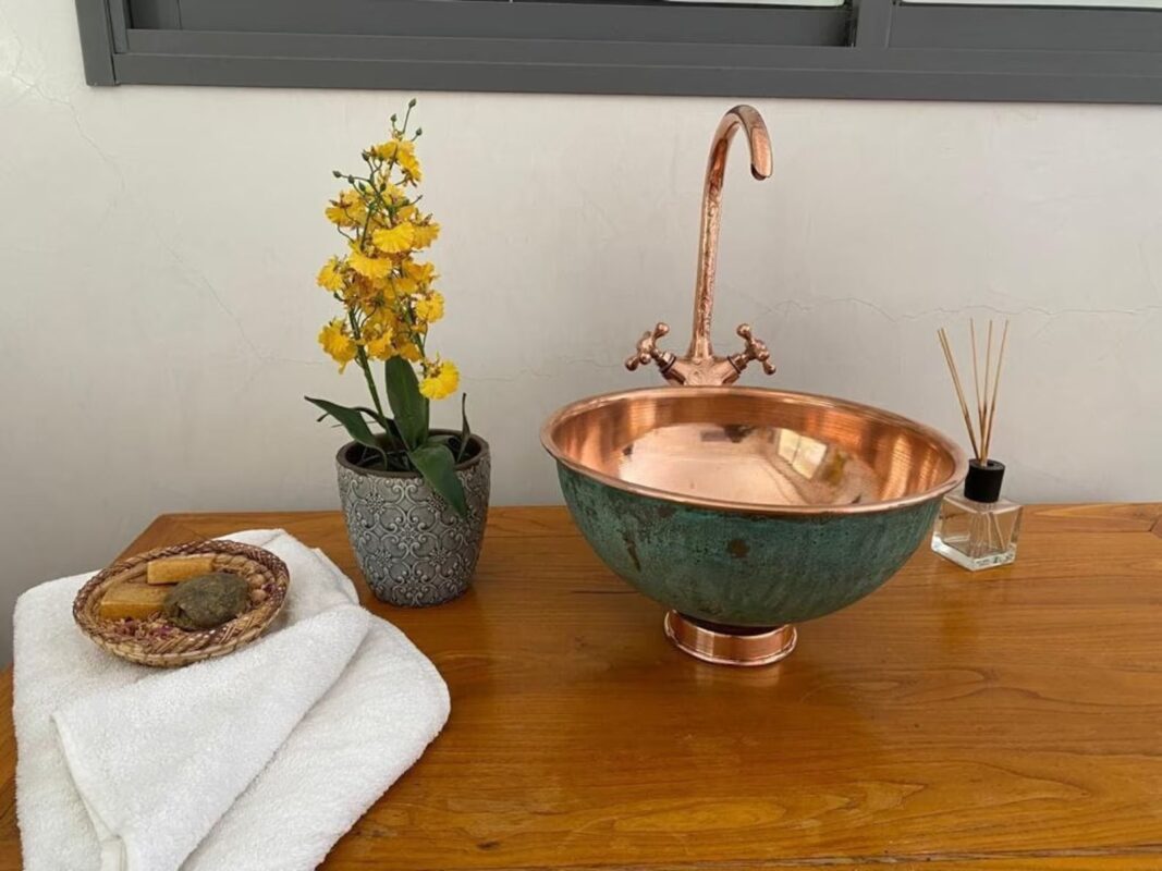 Antique Green Patina Hammered Copper Vessel Bathroom Sink Vanity