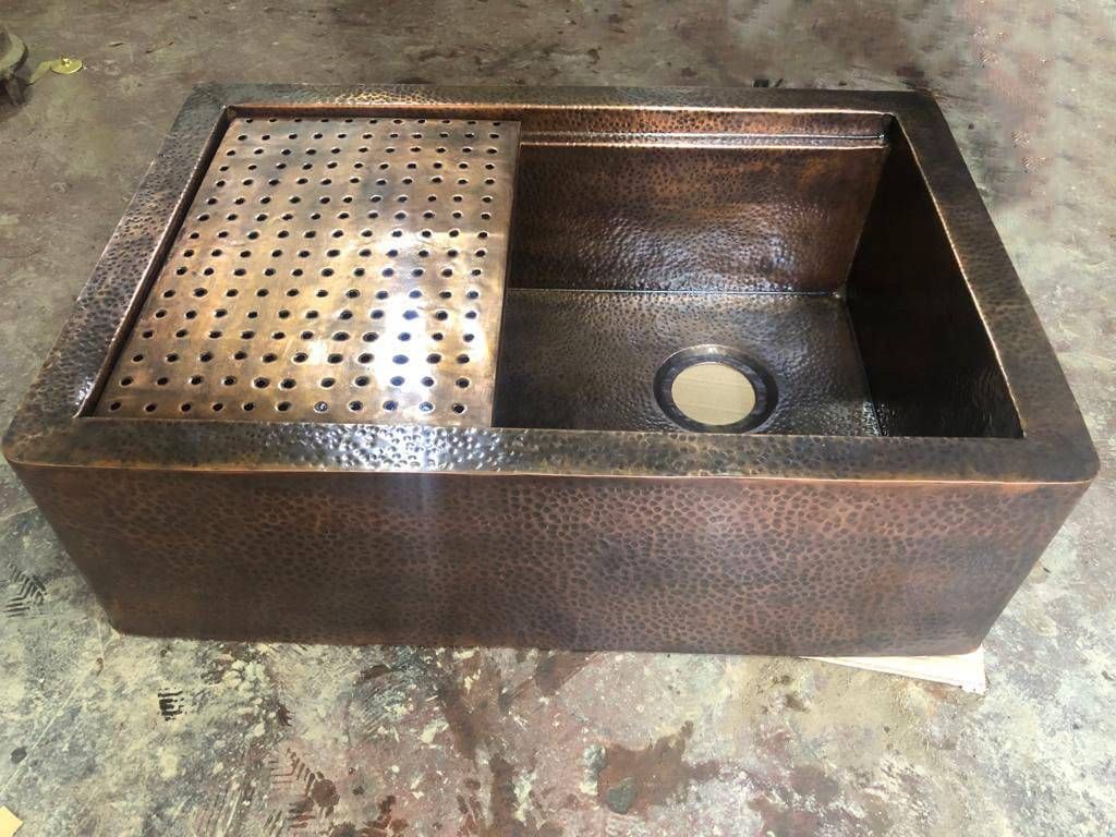 Artisanal Beauty: Handcrafted Aged Copper Farmhouse Sink with Flat Grid
