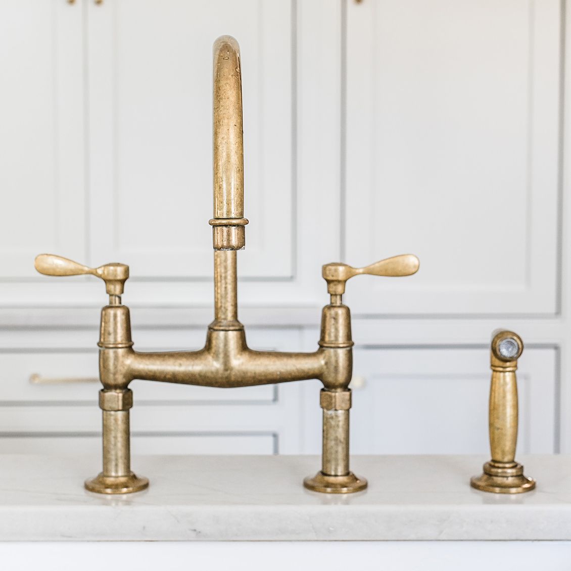 Easton Classic Two Hole Bridge Gooseneck Kitchen Faucet, Metal Lever Handles and Spray