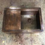 "Farmhouse Chic: Handcrafted Aged Copper Farmhouse Sink with Flat Grid