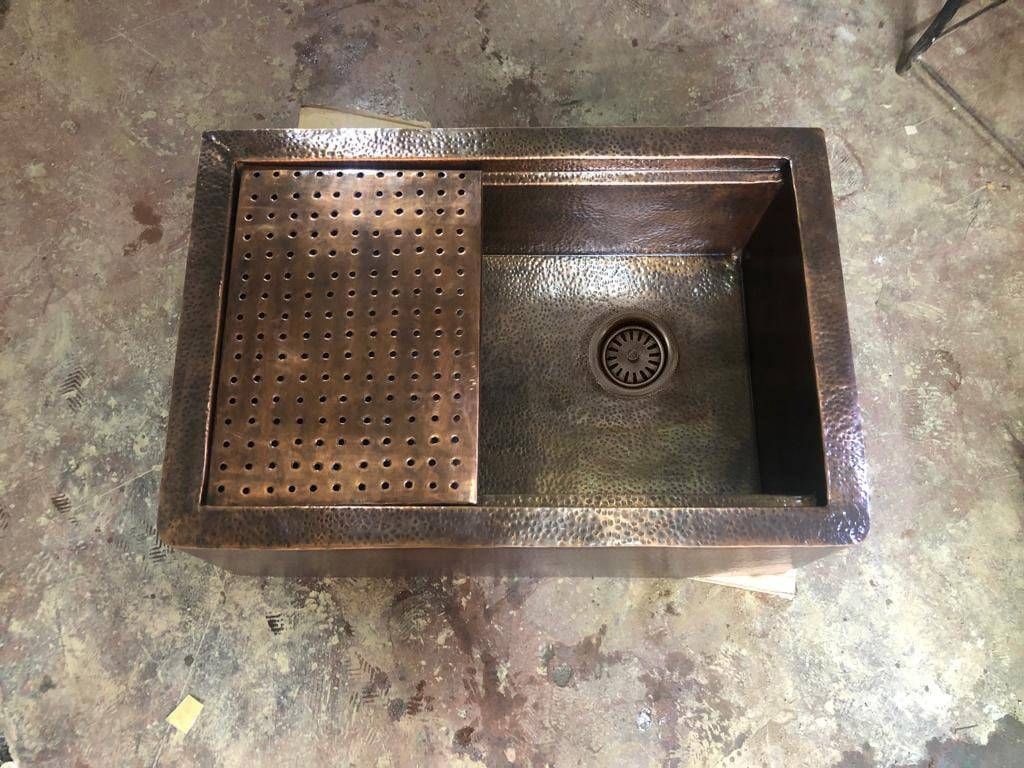 "Farmhouse Chic: Handcrafted Aged Copper Farmhouse Sink with Flat Grid