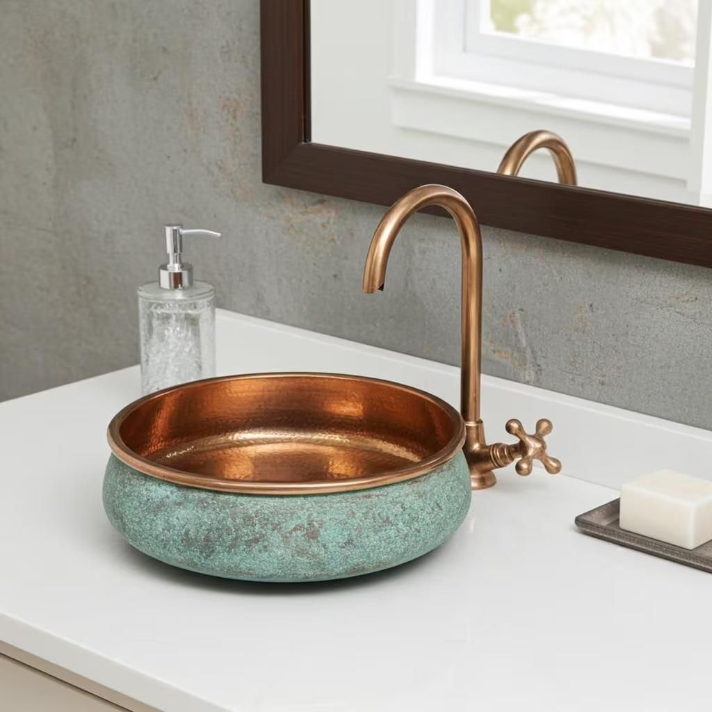Handcrafted Green Patina Copper Vessel Sink : Round Hammered Bathroom Basin for Vanity - Etsy
