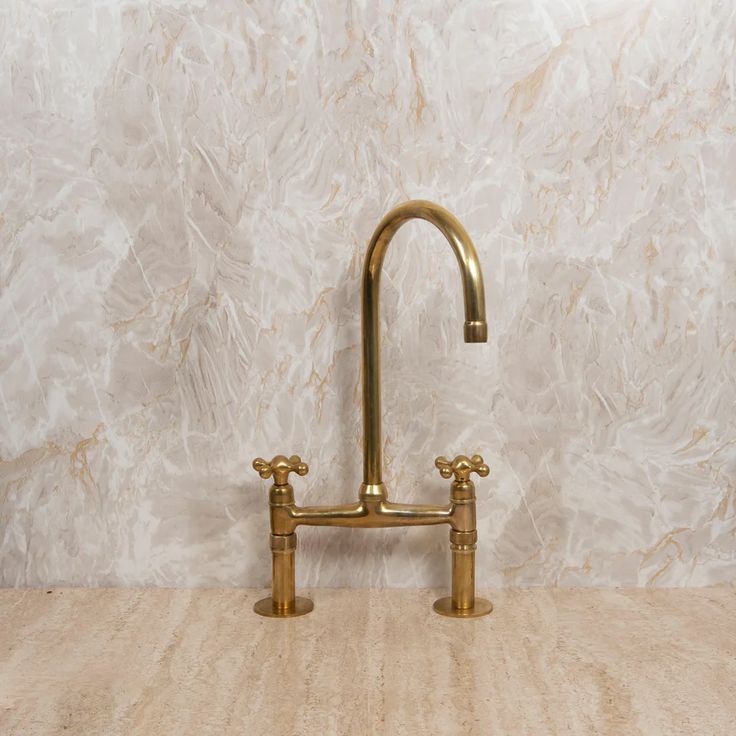 Handcrafted Unlacquered Brass Bridge Kitchen Faucet with Sprayer