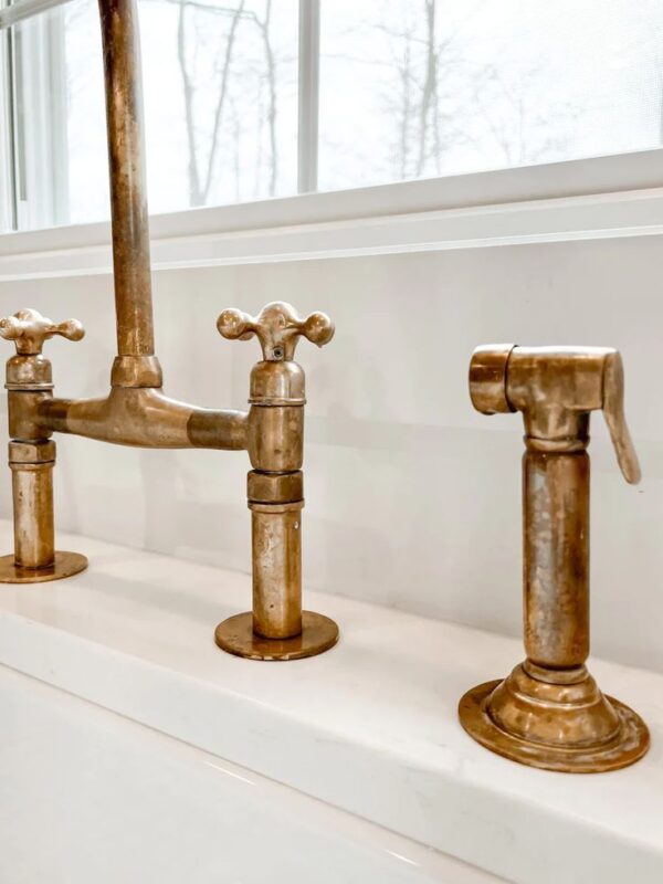 Natural Unlacquered Brass Bridge Faucet for Modern Kitchens