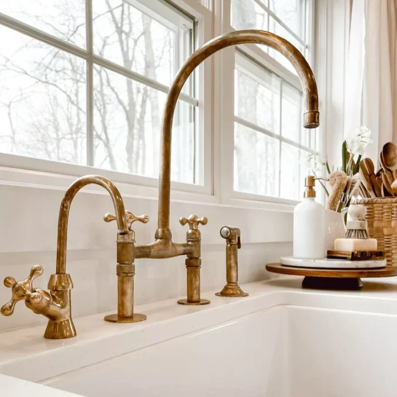 Natural Unlacquered Brass Kitchen Bridge Faucet