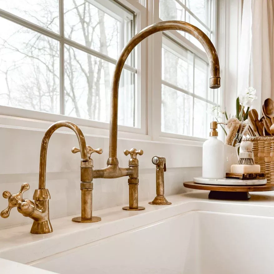 Natural Unlacquered Brass Kitchen Bridge Faucet