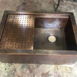 "Rustic Elegance: Handcrafted Aged Copper Farmhouse Sink with Flat Grid